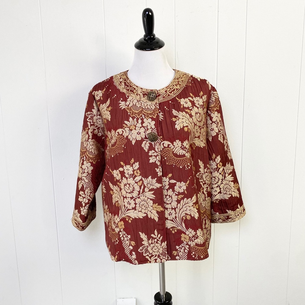 Chico's Floral Jacquard Button Front Jacket Burgundy Gold Sz 2 US Size Large